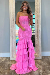 Pink Strapless Senior Prom Dresses Mermaid Lace Tiered Formal Wear